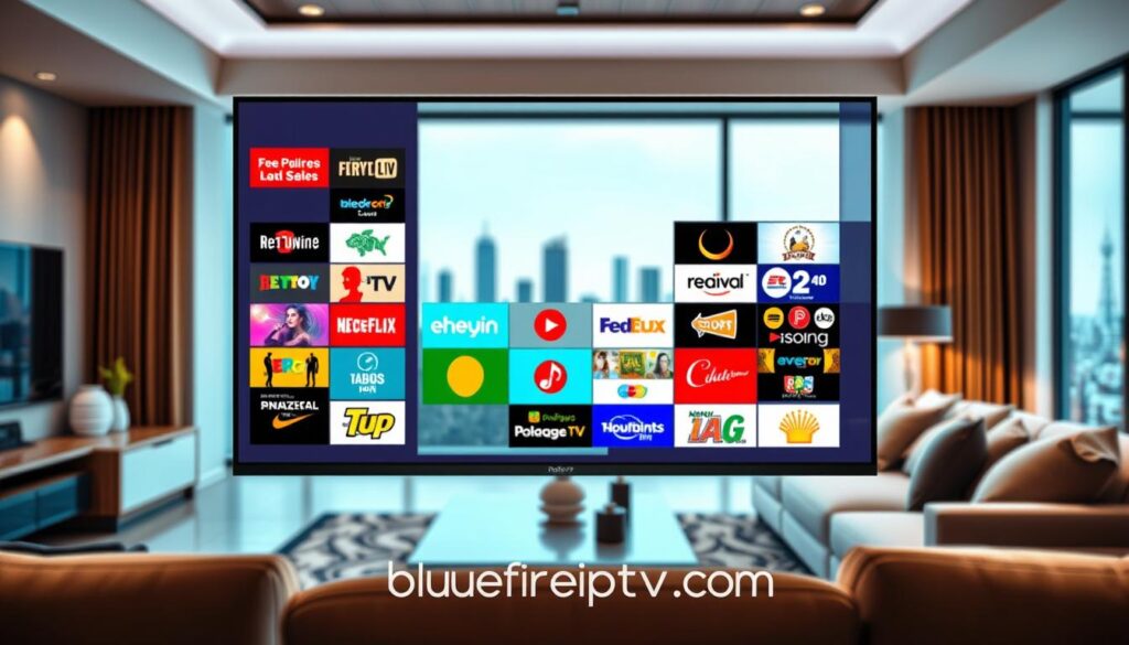 A dynamic and visually engaging depiction of Primeview IPTV channel offerings. In the foreground, showcase a sleek, modern television screen displaying an array of vibrant IPTV channel icons in a grid layout, emphasizing diversity in programming. In the middle, feature a stylish living room setting with a comfortable sofa, modern decor, and a coffee table, evoking a cozy viewing atmosphere. In the background, out of focus, include subtle hints of a cityscape through a large window to suggest connectivity and modernity. The lighting should be warm and inviting, creating a relaxed mood. Use a wide-angle lens effect to capture the spaciousness of the room. Integrate the brand name "bluefireiptv.com" in a discreet manner.