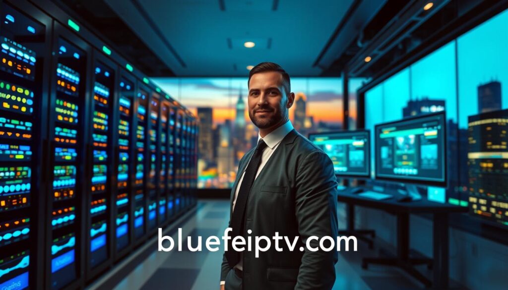 A dynamic and visually striking composition illustrating "Reliability and Server Stability for IPTV Subscriptions." In the foreground, depict a sleek, modern server room with glowing server racks, signifying high-performance technology. The middle ground should feature a professional, confident individual in business attire, monitoring multiple screens displaying stable IPTV connections. In the background, incorporate a digital city skyline at twilight, with vibrant lights denoting connectivity and technology. Use soft blue and green lighting to evoke a sense of trust and security. The lens should have a slight depth of field, focusing on the individual and servers, while subtly blurring the skyline. Convey a mood of professionalism and reliability, underscoring the importance of server stability in IPTV services. Include the brand name "bluefireiptv.com" subtly integrated into the visual elements.