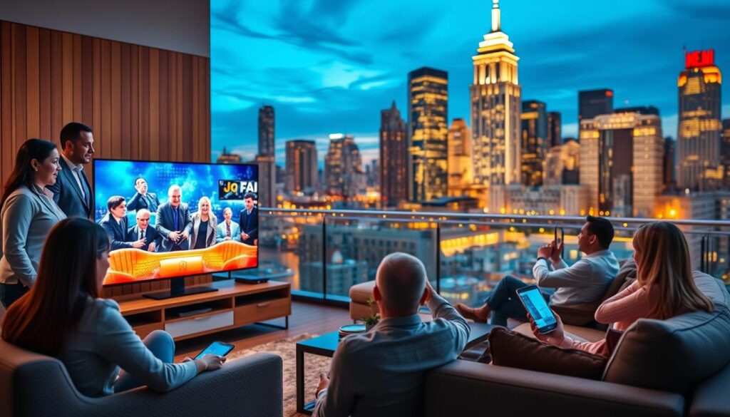 A dynamic, engaging representation of the growing popularity of affordable IPTV services in the USA. In the foreground, a diverse group of individuals, dressed in professional business attire, excitedly gather around a modern television displaying vibrant streaming content. In the middle ground, stylish living rooms with comfortable seating and interactive devices like smartphones and tablets showcase the convenience of IPTV. The background features a city skyline at dusk, symbolizing connectivity and innovation, with warm golden lighting casting a welcoming glow. Emphasize a positive atmosphere, reflecting the ease and enjoyment of accessible entertainment. Include subtle branding elements from "bluefireiptv.com" in a tasteful manner, ensuring there are no text overlays. Utilize a wide-angle lens for a spacious feel and soft bokeh effects for depth. A dynamic, engaging representation of the growing popularity of affordable IPTV services in the USA. In the foreground, a diverse group of individuals, dressed in professional business attire, excitedly gather around a modern television displaying vibrant streaming content. In the middle ground, stylish living rooms with comfortable seating and interactive devices like smartphones and tablets showcase the convenience of IPTV. The background features a city skyline at dusk, symbolizing connectivity and innovation, with warm golden lighting casting a welcoming glow. Emphasize a positive atmosphere, reflecting the ease and enjoyment of accessible entertainment. Include subtle branding elements from "bluefireiptv.com" in a tasteful manner, ensuring there are no text overlays. Utilize a wide-angle lens for a spacious feel and soft bokeh effects for depth.