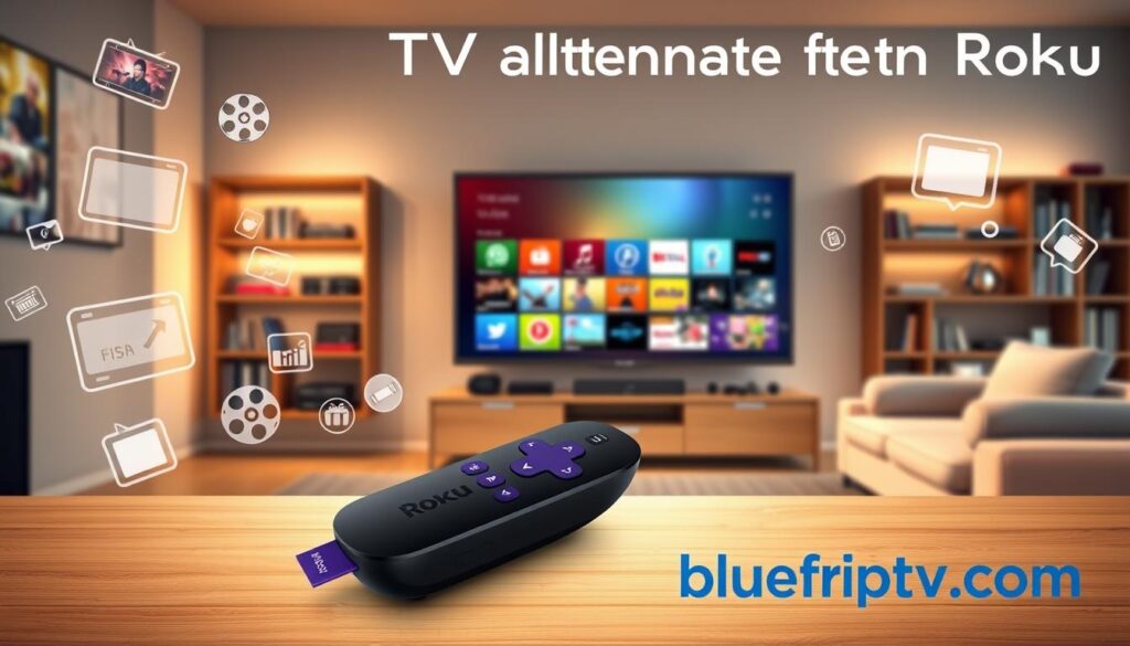A dynamic illustration representing IPTV alternative methods for Roku, featuring a sleek Roku device prominently in the foreground, surrounded by visually appealing streaming icons like film reels, live TV screens, and various app symbols. In the middle ground, depict a modern living room setting with a large smart TV displaying a colorful IPTV interface. Use warm lighting to create a cozy atmosphere, with subtle reflections on the TV screen to enhance realism. In the background, include a stylish bookshelf filled with tech gadgets and a comfortable couch. The image conveys innovation and ease of use, suggesting alternative ways to enjoy IPTV. Incorporate the brand name "bluefireiptv.com" subtly into the design without text overlays or distractions.