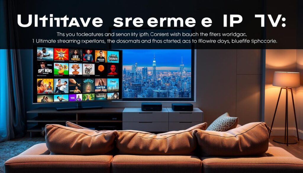 A dynamic living room scene showcasing the diverse features and content variety of IPTV. In the foreground, a large modern flat-screen TV displays an array of colorful streaming thumbnails, representing genres like sports, movies, TV shows, and documentaries. A cozy couch adorned with plush cushions is centrally placed, inviting viewers to relax. In the middle, an entertainment unit boasts sleek streaming devices and remote controls, emphasizing high-tech sophistication. The background features soft ambient lighting, possibly from a stylish floor lamp, creating a warm and inviting atmosphere. Through a window, a hint of city skyline can be seen, indicating a contemporary urban setting. The overall vibe is engaging and high-energy, promoting the excitement of ultimate streaming experiences with bluefireiptv.com. A dynamic living room scene showcasing the diverse features and content variety of IPTV. In the foreground, a large modern flat-screen TV displays an array of colorful streaming thumbnails, representing genres like sports, movies, TV shows, and documentaries. A cozy couch adorned with plush cushions is centrally placed, inviting viewers to relax. In the middle, an entertainment unit boasts sleek streaming devices and remote controls, emphasizing high-tech sophistication. The background features soft ambient lighting, possibly from a stylish floor lamp, creating a warm and inviting atmosphere. Through a window, a hint of city skyline can be seen, indicating a contemporary urban setting. The overall vibe is engaging and high-energy, promoting the excitement of ultimate streaming experiences with bluefireiptv.com.