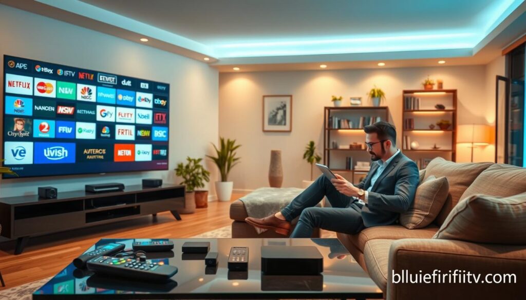 A dynamic living room setting showcasing a large, modern flat-screen TV displaying various IPTV channel logos, symbolizing extensive content variety. In the foreground, a stylish coffee table is scattered with a remote control and popular streaming devices, emphasizing user engagement. The middle ground features a cozy couch where a person in smart casual attire sits, intently browsing channels on a tablet, highlighting channel selection. The background displays a soft-lit, inviting room atmosphere with decorative elements like plants and a bookshelf, creating a homely feel. Soft, warm lighting throughout enhances the relaxed mood. The entire scene conveys the richness of IPTV content variety. Include a subtle watermark of "bluefireiptv.com" in a corner.