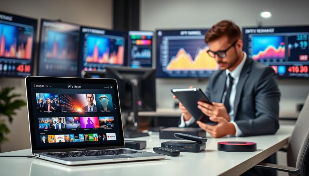 A dynamic office environment showcasing a tech-savvy individual in a stylish, modern workspace. The foreground features a laptop displaying IPTV player interfaces with vibrant, high-resolution streaming content. To the right, a professional in business casual attire is intently analyzing performance metrics on a tablet. The middle includes an organized desk with various streaming devices and remote controls, signifying a detailed comparison process. In the background, softly blurred monitors display graphs and charts reflecting streaming quality and speed tests. The lighting is bright and focused, creating a high-tech atmosphere. A subtle hint of the brand "bluefireiptv.com" is embedded in the monitor interfaces, emphasizing innovation in seamless streaming experiences. The overall mood exudes productivity and advanced technology, ideal for the analysis of leading IPTV players for 2026.