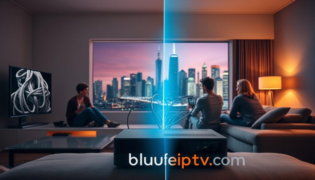 A dynamic split image showcasing the advantages of IPTV over traditional cable services. In the foreground, a sleek, modern living room setting with a smart TV displaying high-definition IPTV content, surrounded by a family of four enjoying the show, dressed in casual attire. In the middle, a juxtaposed scene featuring an outdated set-top box with tangled cables and frustrated viewers, contrasting the seamless IPTV experience. The background features an illuminated city skyline representing connectivity and innovation. Soft, warm lighting casts a friendly atmosphere, enhancing the appeal of IPTV's accessibility. Use a wide-angle lens to capture both scenes cohesively, ensuring a professional look while incorporating the brand 'bluefireiptv.com' subtly in the setting. A dynamic split image showcasing the advantages of IPTV over traditional cable services. In the foreground, a sleek, modern living room setting with a smart TV displaying high-definition IPTV content, surrounded by a family of four enjoying the show, dressed in casual attire. In the middle, a juxtaposed scene featuring an outdated set-top box with tangled cables and frustrated viewers, contrasting the seamless IPTV experience. The background features an illuminated city skyline representing connectivity and innovation. Soft, warm lighting casts a friendly atmosphere, enhancing the appeal of IPTV's accessibility. Use a wide-angle lens to capture both scenes cohesively, ensuring a professional look while incorporating the brand 'bluefireiptv.com' subtly in the setting.