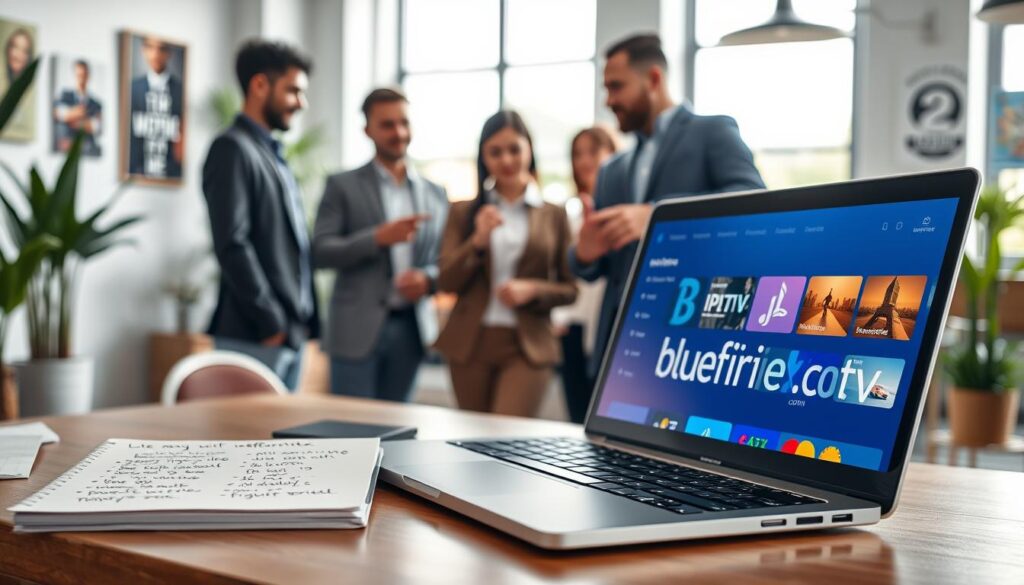 A dynamic workspace showcasing the benefits of free trials. In the foreground, a professional-looking laptop with a vibrant screen displaying a user-friendly interface of an IPTV service, symbolizing ease of access. Beside it, a notepad with handwritten notes illustrating key points about effectively utilizing free trials. The middle layer features a diverse group of three individuals in business casual attire, engaged in a friendly discussion, pointing at the laptop. The background highlights a bright, modern office with large windows letting in natural light, creating an inviting atmosphere. Soft focus on plants and inspirational posters adds warmth. The final touch is the logo of "bluefireiptv.com" subtly integrated into the laptop screen design, illustrating the use of technology in exploring subscription options.