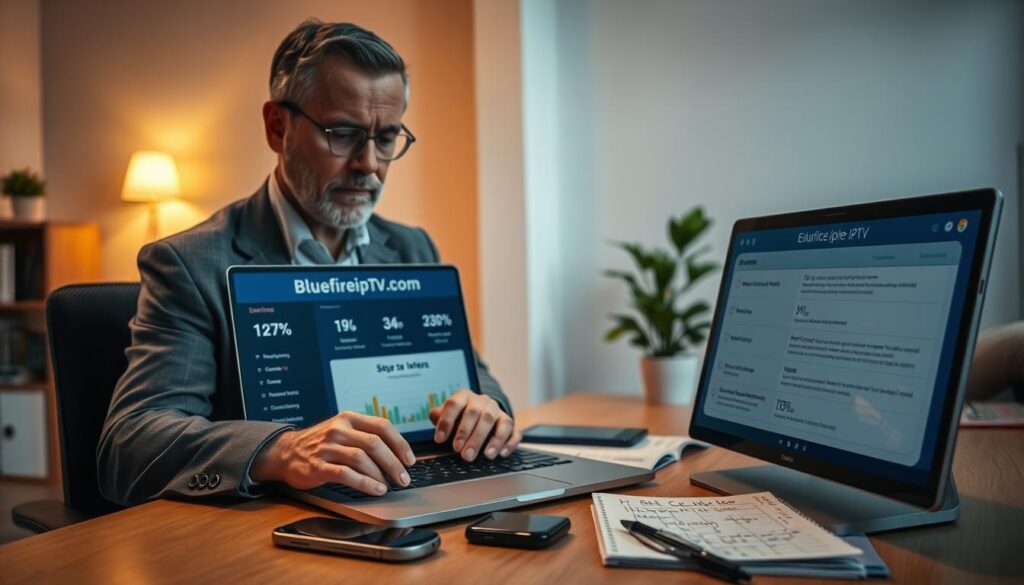 A focused workspace scene depicting a professional evaluating IPTV services for quality streaming. In the foreground, a middle-aged person in business attire is intently examining a laptop screen that displays IPTV service details, including performance metrics and user reviews. The middle section features a desk cluttered with tech gadgets like a smartphone and a notepad filled with handwritten criteria. The background displays a minimalistic office environment with a softly lit ambiance, featuring a bookshelf and a potted plant that adds a touch of green. The overall mood is serious and analytical, captured with warm, inviting lighting to convey a sense of professionalism and focus. Include the subtle brand name "bluefireiptv.com" in the laptop’s display. A focused workspace scene depicting a professional evaluating IPTV services for quality streaming. In the foreground, a middle-aged person in business attire is intently examining a laptop screen that displays IPTV service details, including performance metrics and user reviews. The middle section features a desk cluttered with tech gadgets like a smartphone and a notepad filled with handwritten criteria. The background displays a minimalistic office environment with a softly lit ambiance, featuring a bookshelf and a potted plant that adds a touch of green. The overall mood is serious and analytical, captured with warm, inviting lighting to convey a sense of professionalism and focus. Include the subtle brand name "bluefireiptv.com" in the laptop’s display.