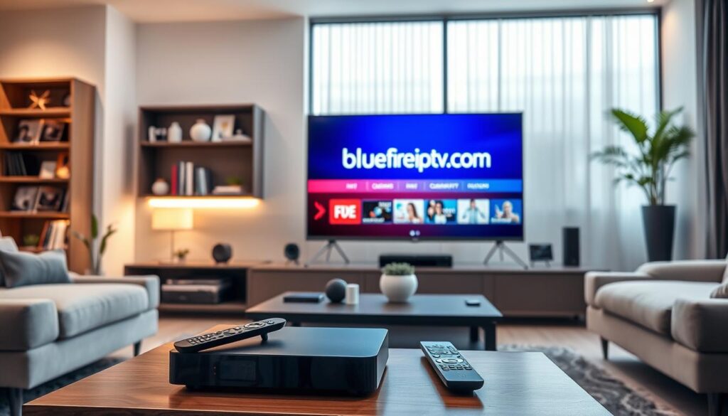 A futuristic living room featuring a sleek television displaying the "bluefireiptv.com" logo, showcasing the Pulse 4K IPTV interface. In the foreground, a modern set-top box with a remote control sits on a stylish coffee table. The middle layer includes a comfortable sofa and decorative elements such as a potted plant and a bookshelf filled with technology magazines. The background shows a large window with soft natural light streaming in, creating a warm and inviting atmosphere. The scene emphasizes device compatibility by depicting various devices like smartphones, tablets, and smart speakers seamlessly integrated into the environment. Use soft lighting to highlight the modern design elements, and choose a slightly elevated angle to capture the entire setup. The overall mood is professional yet cozy, ideal for a tech-savvy audience.