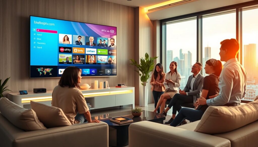 A futuristic living room setting showcasing a modern television displaying vibrant streaming options, symbolizing "IPTV GE Cultural Connection." In the foreground, a diverse group of professionals in smart casual attire is engaged, discussing smart devices and content. The middle-ground features sleek furniture and ambient smart lighting that sets a warm, inviting atmosphere. The background displays a large window with a city skyline, hinting at a global connectivity theme. Soft natural light filters through, highlighting the interaction and enthusiasm of the group, personifying the importance of IPTV for cultural exchange in 2026. The logo “bluefireiptv.com” subtly integrated onto the television screen. The overall mood is optimistic and dynamic, emphasizing innovation in streaming. A futuristic living room setting showcasing a modern television displaying vibrant streaming options, symbolizing "IPTV GE Cultural Connection." In the foreground, a diverse group of professionals in smart casual attire is engaged, discussing smart devices and content. The middle-ground features sleek furniture and ambient smart lighting that sets a warm, inviting atmosphere. The background displays a large window with a city skyline, hinting at a global connectivity theme. Soft natural light filters through, highlighting the interaction and enthusiasm of the group, personifying the importance of IPTV for cultural exchange in 2026. The logo “bluefireiptv.com” subtly integrated onto the television screen. The overall mood is optimistic and dynamic, emphasizing innovation in streaming.