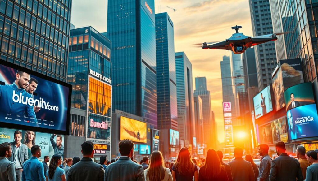 A futuristic streaming landscape in 2026, showcasing a vibrant urban environment. In the foreground, a group of diverse individuals, dressed in professional business attire, gather around a digital screen displaying streaming services, with the logo of "bluefireiptv.com" prominently featured. The middle ground features sleek, high-tech buildings with neon lights reflecting the latest digital innovations, while drones and digital billboards buzz around, showcasing popular streaming content. In the background, a sunset bathes the city in warm golden hues, creating an atmosphere of optimism and excitement for the future of entertainment. Soft lens flares from the city lights add a dynamic feel, while a wide-angle perspective captures the bustling energy of the streaming revolution.