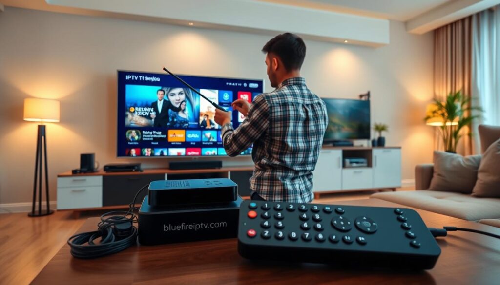 A high-tech IPTV setup process displayed in stunning 8K resolution. In the foreground, a sleek, modern living room with a smart TV showing vibrant IPTV streaming content. A user, dressed in professional casual clothing, is attentively connecting various devices like a streaming box and an antenna, showcasing the step-by-step installation. In the middle ground, a clear view of a cable management system and an organized media console filled with tech gadgets, emphasizing the importance of connectivity. In the background, soft ambient lighting sets a warm atmosphere, with hints of decor that imply a tech-savvy lifestyle. The brand "bluefireiptv.com" is subtly featured on a remote control on the coffee table. The overall mood is focused and engaging, reflecting the excitement of setting up high-quality streaming for a seamless entertainment experience.