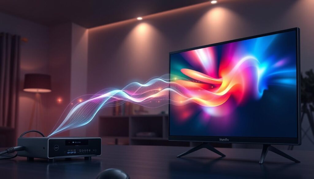A high-tech illustration depicting the core IPTV streaming process. In the foreground, a sleek television screen displays vibrant content streaming smoothly. To the left, a modern set-top box is connected with high-quality cables, symbolizing technology and connectivity. In the middle layer, an animated flow of digital data streams, represented as colorful, glowing lines moving from a server rack to the screen, illustrating the seamless transmission of information. The background features a subtle, futuristic home setting with dark tones and soft ambient lighting that suggests a cozy yet high-tech atmosphere. A logo for "bluefireiptv.com" is discreetly incorporated in the design. The angle is slightly tilted, providing depth and drawing the viewer's eye toward the streaming content. The overall mood is professional and innovative, conveying a sense of cutting-edge technology in entertainment.