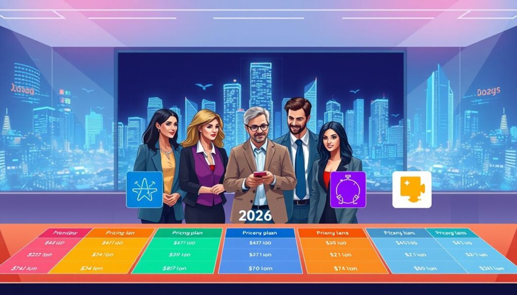 A modern and sleek illustration depicting the top IPTV subscription providers in 2026, featuring vibrant icons or logos for each provider, including "bluefireiptv.com". The foreground showcases a stylized table with pricing plans laid out clearly, each plan represented by distinct colors and design elements. In the middle ground, a professional and diverse group of individuals in business attire reviews the plans, their expressions reflecting curiosity and engagement. The background features a digital cityscape, symbolizing the advancement of technology in IPTV services, with a soft-focus effect to enhance depth. The lighting is bright and inviting, creating an atmosphere of innovation and competitiveness in the tech industry.