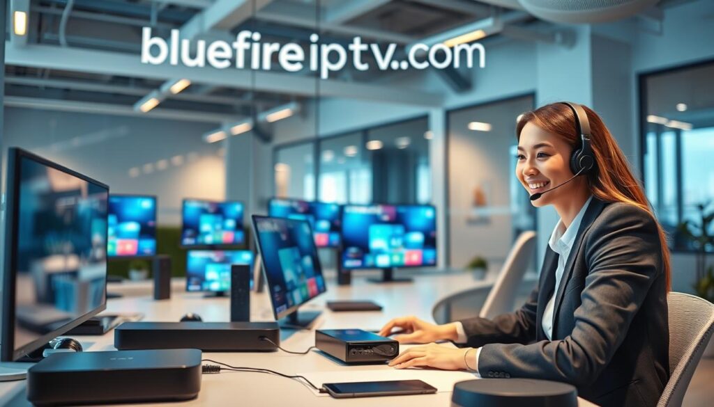 A modern customer support center for IPTV services, featuring a friendly customer support representative in a professional business attire, sitting at a sleek desk with multiple screens displaying IPTV interfaces. In the foreground, the representative is engaged with a headset, conveying a sense of attentiveness and professionalism. In the middle ground, various advanced devices like smart TVs and streaming gadgets are visible, illustrating the range of IPTV services offered. The background shows a bright, well-lit office environment with a contemporary design, incorporating soft blue and gray tones. The atmosphere is warm and inviting, suggesting a focus on customer experience. Natural lighting from large windows enhances the welcoming mood, while the brand name "bluefireiptv.com" is subtly integrated into the office decor without disrupting the professional setting. A modern customer support center for IPTV services, featuring a friendly customer support representative in a professional business attire, sitting at a sleek desk with multiple screens displaying IPTV interfaces. In the foreground, the representative is engaged with a headset, conveying a sense of attentiveness and professionalism. In the middle ground, various advanced devices like smart TVs and streaming gadgets are visible, illustrating the range of IPTV services offered. The background shows a bright, well-lit office environment with a contemporary design, incorporating soft blue and gray tones. The atmosphere is warm and inviting, suggesting a focus on customer experience. Natural lighting from large windows enhances the welcoming mood, while the brand name "bluefireiptv.com" is subtly integrated into the office decor without disrupting the professional setting.