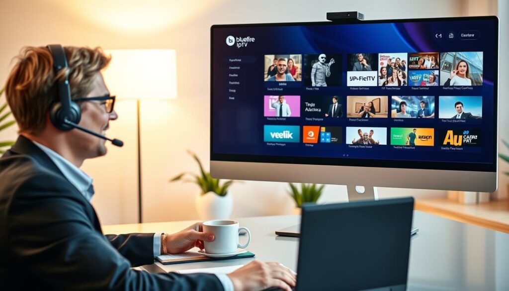 A modern customer support scene for IPTV, showcasing a friendly representative engaged in a video call on a sleek computer. In the foreground, the representative, a person in professional business attire, is seated at a well-organized desk adorned with a headset, a notepad, and a steaming coffee cup. The middle layer features a vibrant display of IPTV options on the computer screen, illustrating various channels and user-friendly interfaces. In the background, a cozy office environment is visible, with soft, warm lighting creating an inviting atmosphere. A subtle branding of "bluefireiptv.com" is incorporated into the design of the computer screen. The overall mood is professional yet approachable, conveying reliability and support for customers navigating IPTV services.