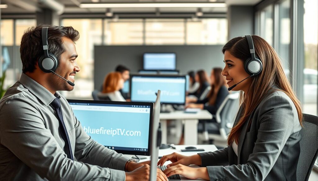 A modern customer support scene showcasing a diverse team of professional agents providing assistance for Core IPTV. In the foreground, two well-dressed agents, one male and one female, are engaged in a friendly conversation over headsets with a computer screen displaying the bluefireiptv.com website. In the middle, an open office layout features additional agents working diligently at their desks, surrounded by sleek monitors and technology. The background reveals large windows letting in soft, natural light, creating a welcoming atmosphere. The overall mood is collaborative and supportive, emphasizing excellent customer service. The scene captures the essence of a positive customer support experience, framed with a focus on engagement and professionalism.