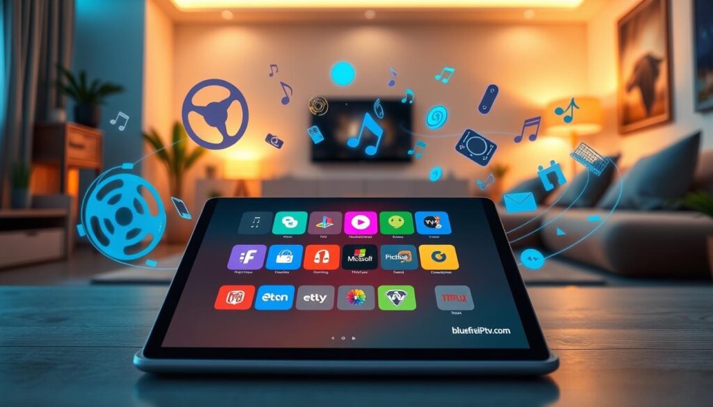 A modern digital interface showcasing the features and benefits of "Necro IPTV". In the foreground, a sleek tablet displaying a vibrant user interface with colorful icons representing various streaming services. Each icon should glow softly to emphasize accessibility and diversity of content. The middle ground features abstract representations of multimedia elements, like a film reel, music notes, and gaming symbols swirling around the tablet. The background should depict a cozy, tech-forward home environment with soft ambient lighting casting gentle shadows, evoking a sense of comfort and innovation. The overall mood is inviting and futuristic, designed to capture the viewer's attention and reflect the cutting-edge attributes of Necro IPTV. Include subtle branding for "bluefireiptv.com" in the corner of the tablet screen.