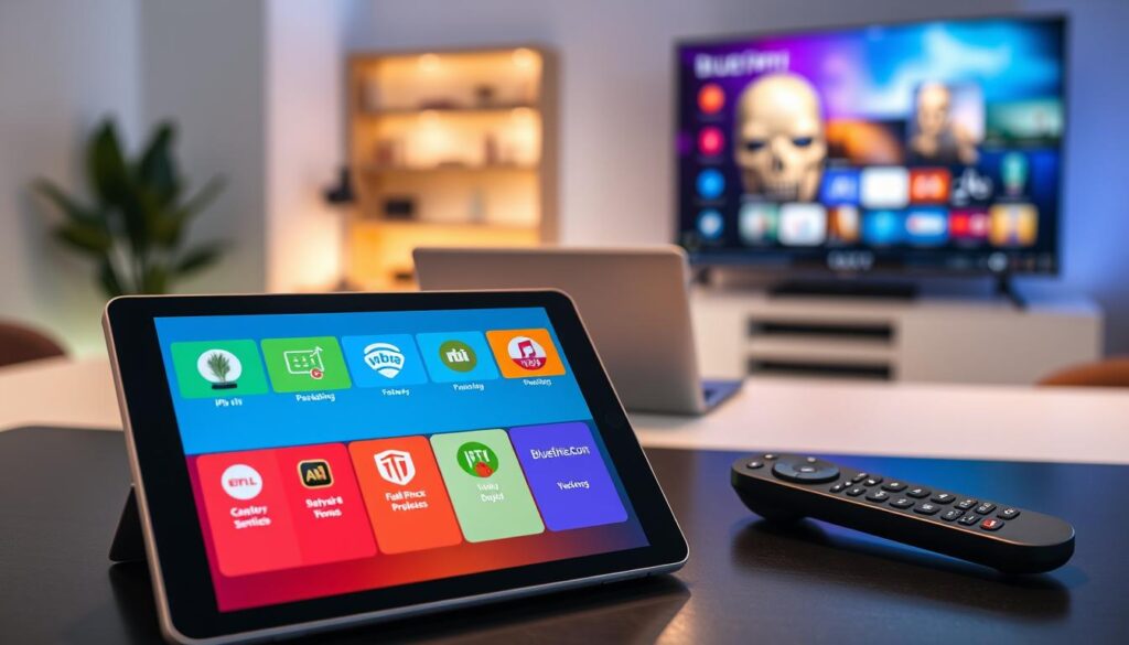 A modern digital workspace showcasing the "IPTV Apps Overview" for the year 2026. In the foreground, display a sleek tablet featuring a vibrant interface of various IPTV applications, each icon representing a different app, emphasizing their diverse functionalities. The middle layer includes a minimalist desk with a stylish laptop and a remote control for an IPTV device, symbolizing user interaction. In the background, create a blurred image of a modern living room with a large TV displaying a colorful IPTV menu. Soft ambient lighting casts a warm glow, creating a welcoming atmosphere. Use a slightly tilted angle to enhance depth and perspective. The overall mood is professional yet inviting, perfect for tech enthusiasts. Include branding subtly as "bluefireiptv.com" within the app icons on the tablet screen. A modern digital workspace showcasing the "IPTV Apps Overview" for the year 2026. In the foreground, display a sleek tablet featuring a vibrant interface of various IPTV applications, each icon representing a different app, emphasizing their diverse functionalities. The middle layer includes a minimalist desk with a stylish laptop and a remote control for an IPTV device, symbolizing user interaction. In the background, create a blurred image of a modern living room with a large TV displaying a colorful IPTV menu. Soft ambient lighting casts a warm glow, creating a welcoming atmosphere. Use a slightly tilted angle to enhance depth and perspective. The overall mood is professional yet inviting, perfect for tech enthusiasts. Include branding subtly as "bluefireiptv.com" within the app icons on the tablet screen.