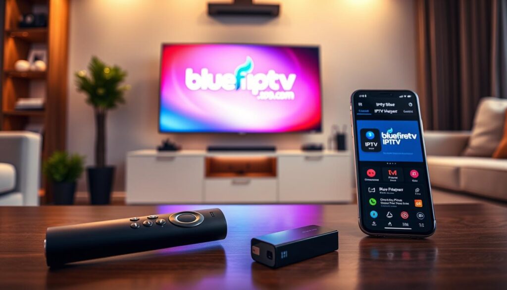 A modern home entertainment setup featuring a television displaying the bluefireiptv.com logo on a vibrant interface. In the foreground, a sleek Firestick remote lies on a stylish coffee table alongside a smartphone with the IPTV player app open. The middle ground showcases a smart TV mounted on a wall, with a cozy living room ambiance illuminated by soft, warm lighting. The background reveals a well-decorated room, hinting at contemporary decor with a few houseplants and a light-colored couch. The camera angle captures a slight overhead view to emphasize the device’s connection and user-friendly interface. The overall mood is inviting, suggesting comfort and ease of use while clearly illustrating the installation methods for IPTV players on Firestick.