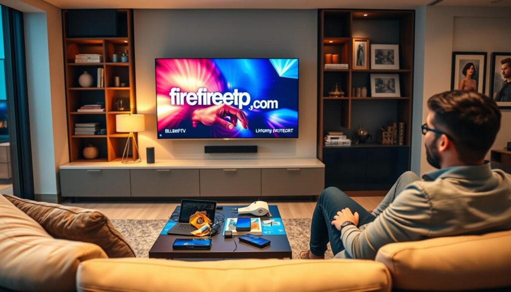 A modern home interior with a sleek media setup prominently featuring a large flat-screen television displaying vibrant streaming content from "bluefireiptv.com". In the foreground, a comfortable sofa with a user casually interacting with a remote control, dressed in smart-casual attire. Soft, warm lighting fills the room, creating a cozy and inviting atmosphere, with reflections on the TV screen enhancing the sense of immersion. In the middle ground, a stylish coffee table cluttered with tech gadgets and snacks. The background reveals a stylish bookshelf and contemporary art pieces, evoking a sense of creativity and comfort. The overall mood is relaxed and secure, capturing the essence of flexibility in streaming without IP restrictions.