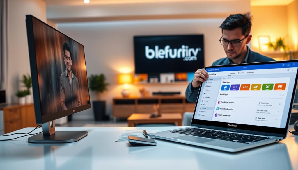 A modern home office scene showcasing a sleek computer setup highlighting parental controls and security features for smart IPTV. In the foreground, a well-organized desk with a laptop displaying a user-friendly parental control interface, vibrant icons illustrating streaming options, and settings for content restrictions. The middle ground features a user adjusting settings with focused intent, dressed in smart casual clothing, radiating a sense of security and responsibility. The background presents a cozy, well-lit living space, with a large screen displaying the logo "bluefireiptv.com" across a family-friendly content interface. Soft, warm lighting creates an inviting atmosphere, evoking a sense of safety and control in the digital space.