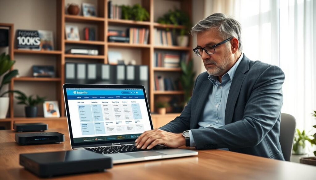 A modern home office setting featuring a middle-aged man in a professional attire, using a laptop to research IPTV providers, with a focused expression. The foreground shows a sleek desk with the laptop open to the website "bluefireiptv.com," displaying IPTV comparison charts and user reviews. In the middle, a well-organized space with various technology devices like a smart TV and streaming boxes. The background features a cozy atmosphere with bookshelves filled with tech magazines and plants, bathed in warm, natural light pouring in from a window. The overall mood is one of clarity and determination, emphasizing careful decision-making in choosing the best IPTV provider. A modern home office setting featuring a middle-aged man in a professional attire, using a laptop to research IPTV providers, with a focused expression. The foreground shows a sleek desk with the laptop open to the website "bluefireiptv.com," displaying IPTV comparison charts and user reviews. In the middle, a well-organized space with various technology devices like a smart TV and streaming boxes. The background features a cozy atmosphere with bookshelves filled with tech magazines and plants, bathed in warm, natural light pouring in from a window. The overall mood is one of clarity and determination, emphasizing careful decision-making in choosing the best IPTV provider.