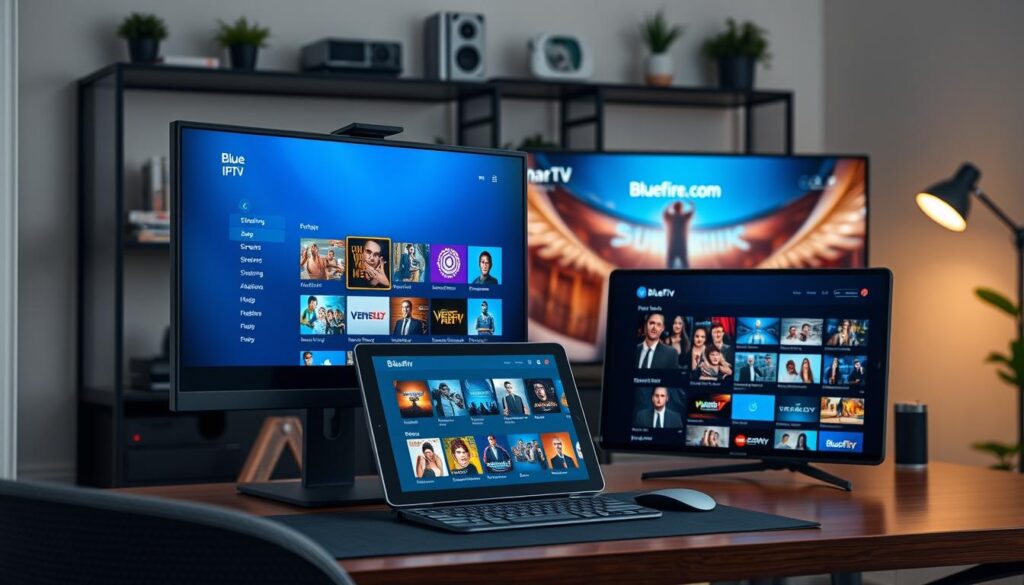 A modern home office setup featuring a sleek desktop computer, a tablet, and a smart TV, all displaying the bluefireiptv.com interface. In the foreground, the desktop monitor shows a vibrant streaming menu, illuminated with soft ambient lighting, while the tablet and smart TV display various streaming options in a harmonious layout. The background features a stylish bookshelf with tech gadgets and plants, creating a cozy yet professional atmosphere. The lighting is warm and inviting, emphasizing the ease of use across devices. A wide-angle view captures the essence of compatibility with various devices and platforms, showcasing an organized workspace designed for seamless streaming experiences. The mood is optimistic and dynamic, reflecting the versatility of Smart IPTV solutions.