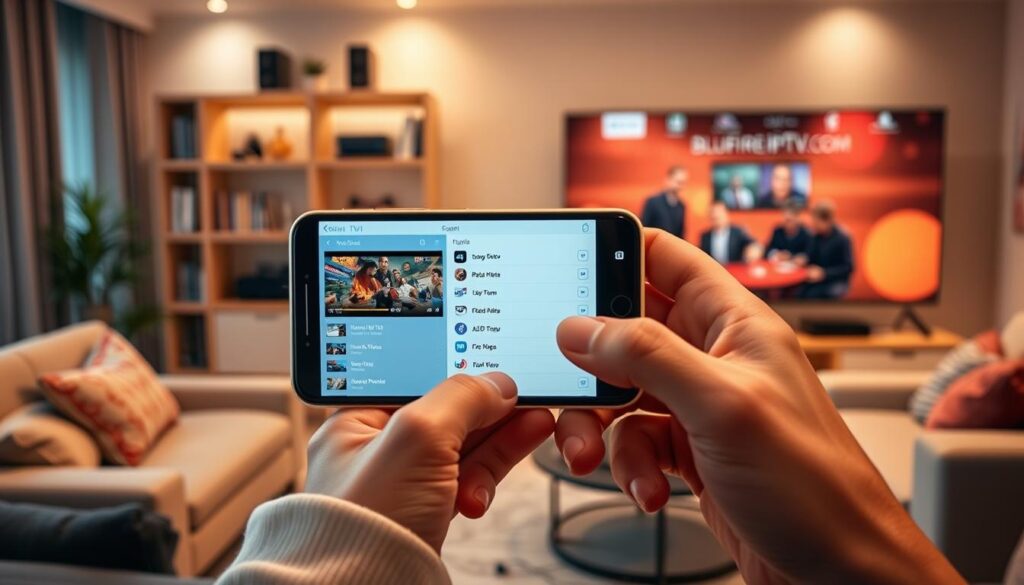 A modern iPhone screen displaying the process of adding M3U playlists to a user-friendly IPTV app interface, specifically featuring bluefireiptv.com. In the foreground, vividly show the iPhone with its sleek design, hands hovering over the screen to interact with the app, capturing the action of selecting and uploading playlists. The middle layer includes a cozy living room setting, lightly illuminated by soft, warm light to create an inviting atmosphere, enhancing the tech-savvy vibe. In the background, a stylish bookshelf with streaming devices and a subtle hint of a large smart TV can be seen, conveying a home entertainment theme. The composition should convey a sense of ease and efficiency, inviting viewers to engage with the tutorial. A modern iPhone screen displaying the process of adding M3U playlists to a user-friendly IPTV app interface, specifically featuring bluefireiptv.com. In the foreground, vividly show the iPhone with its sleek design, hands hovering over the screen to interact with the app, capturing the action of selecting and uploading playlists. The middle layer includes a cozy living room setting, lightly illuminated by soft, warm light to create an inviting atmosphere, enhancing the tech-savvy vibe. In the background, a stylish bookshelf with streaming devices and a subtle hint of a large smart TV can be seen, conveying a home entertainment theme. The composition should convey a sense of ease and efficiency, inviting viewers to engage with the tutorial.