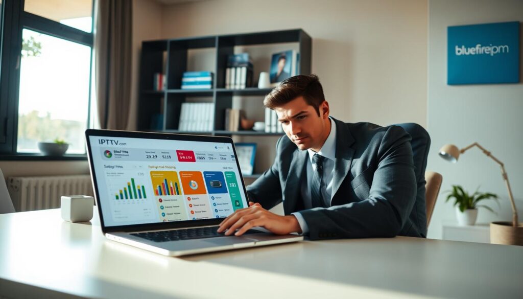 A modern, inviting home office scene depicting a person in professional business attire, seated at a sleek desk with a laptop open to a colorful dashboard of IPTV subscription plans and pricing options. The foreground features charts and pricing comparison graphics on the screen, while the middle shows the individual deeply engaged in analyzing the information. A stylish bookshelf with IPTV service logos, including "bluefireiptv.com," decorates the background. Soft, natural lighting streams in from a large window, creating a warm atmosphere that suggests productivity and focus. The camera angle is slightly above eye level, offering a clear view of the laptop and the individual's attentive expression, capturing the essence of navigating subscription plans and pricing in a professional setting.