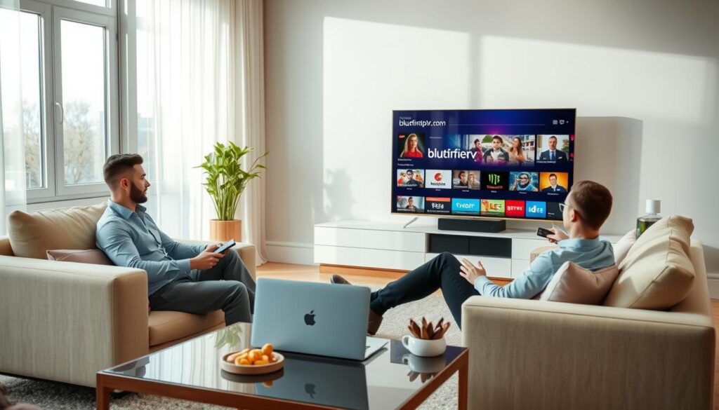 A modern living room designed for optimal streaming experience, featuring a large smart TV displaying various IPTV player interfaces. In the foreground, a professional individual in smart casual attire is seated comfortably on a sleek sofa, closely engaged with a remote control. They exude a vibe of relaxation and enjoyment. The middle layer showcases a stylish coffee table adorned with a laptop and snacks, reflecting an inviting atmosphere. In the background, windows with soft natural lighting flooding the room create a cozy ambiance. Soft shadows and warm tones enhance the inviting feel. The brand name "bluefireiptv.com" is subtly included on the TV screen interface, showcasing the IPTV player. The composition captures a sense of modern technology and home entertainment bliss. A modern living room designed for optimal streaming experience, featuring a large smart TV displaying various IPTV player interfaces. In the foreground, a professional individual in smart casual attire is seated comfortably on a sleek sofa, closely engaged with a remote control. They exude a vibe of relaxation and enjoyment. The middle layer showcases a stylish coffee table adorned with a laptop and snacks, reflecting an inviting atmosphere. In the background, windows with soft natural lighting flooding the room create a cozy ambiance. Soft shadows and warm tones enhance the inviting feel. The brand name "bluefireiptv.com" is subtly included on the TV screen interface, showcasing the IPTV player. The composition captures a sense of modern technology and home entertainment bliss.