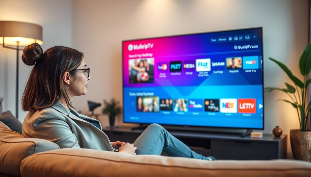 A modern living room featuring a sleek IPTV player interface displayed on a large, ultra-high-definition TV. In the foreground, a young professional woman in smart casual attire is comfortably seated on a stylish couch, engrossed in her viewing experience. The middle layer showcases the vibrant IPTV menu, highlighting various channels and streaming options, with the logo "bluefireiptv.com" prominently displayed. The background includes a cozy atmosphere with soft lighting from a floor lamp, elegant decor, and potted plants, creating a welcoming mood. The camera angle should be slightly tilted to emphasize the screen while capturing the relaxed demeanor of the viewer. The overall atmosphere is engaging, with a warm and inviting feeling, showcasing the ease and enjoyment of the IPTV experience. A modern living room featuring a sleek IPTV player interface displayed on a large, ultra-high-definition TV. In the foreground, a young professional woman in smart casual attire is comfortably seated on a stylish couch, engrossed in her viewing experience. The middle layer showcases the vibrant IPTV menu, highlighting various channels and streaming options, with the logo "bluefireiptv.com" prominently displayed. The background includes a cozy atmosphere with soft lighting from a floor lamp, elegant decor, and potted plants, creating a welcoming mood. The camera angle should be slightly tilted to emphasize the screen while capturing the relaxed demeanor of the viewer. The overall atmosphere is engaging, with a warm and inviting feeling, showcasing the ease and enjoyment of the IPTV experience.