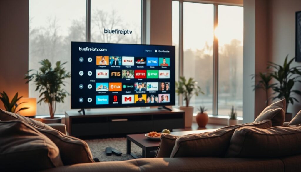 A modern living room featuring a sleek Smart TV displaying a vibrant interface for Core IPTV channel selection and Video On Demand options. The foreground shows a comfortable couch with remote controls scattered, while the middle showcases the TV screen filled with colorful thumbnails of various channels and VOD titles. In the background, large windows let in natural light, giving a cozy atmosphere. Soft, warm lighting illuminates the room to enhance the inviting feel. Include decorative elements like houseplants and a coffee table with snacks. The overall mood conveys a sense of entertainment and relaxation, reflecting a modern home viewing experience. The brand "bluefireiptv.com" is subtly represented on the TV interface.