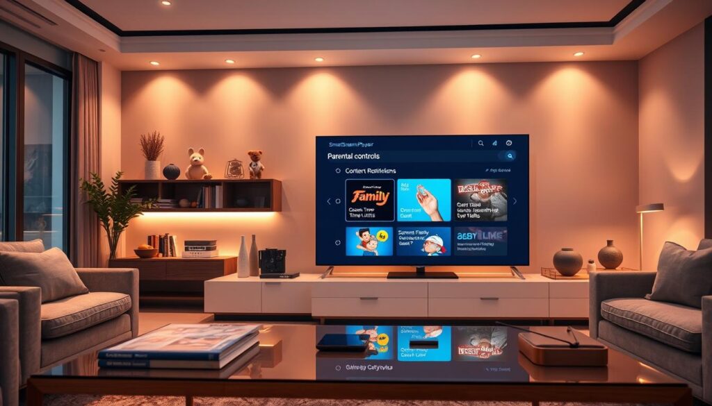 A modern living room featuring a sleek, high-tech SmartStream Player interface prominently displayed on a large flat-screen TV, showcasing parental controls. In the foreground, a stylish coffee table is set with family-friendly content guides and digital devices. In the middle ground, the SmartStream Player's interface is vividly illuminated, highlighting options like 'Content Restrictions' and 'Screen Time Limits' with a visually engaging design. In the background, soft ambient lighting creates a cozy atmosphere, with family-oriented decorations. Use a wide-angle lens to capture the room's spaciousness and include a warm color palette to evoke a sense of security and comfort. Ensure the brand "bluefireiptv.com" is subtly incorporated into the design of the SmartStream interface, enhancing the focus on parental protection for viewers.