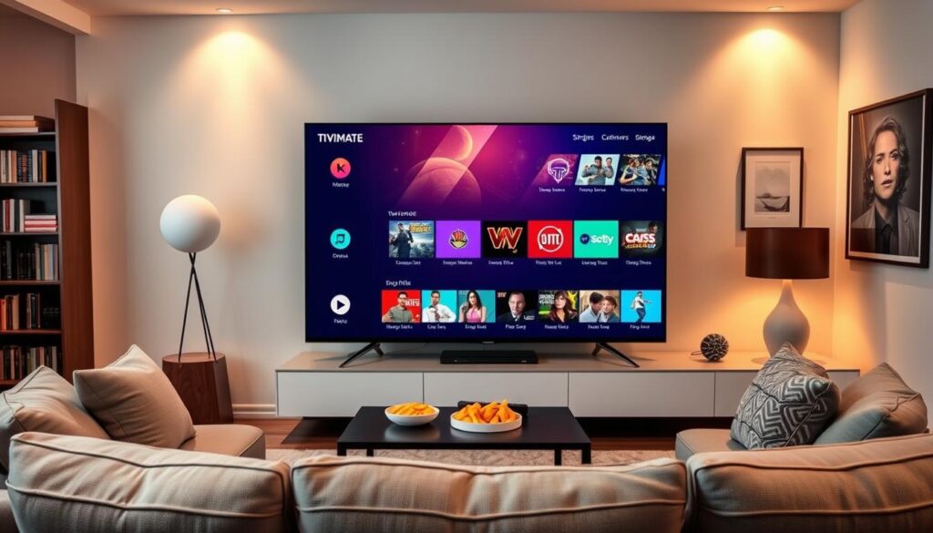 A modern living room featuring a sleek large-screen television displaying the TiviMate IPTV player interface. In the foreground, a comfortable sofa with cushions, and a cozy coffee table with a remote control and snacks. The middle section of the image focuses on the television screen, showcasing vibrant IPTV thumbnails with a user-friendly layout. The background includes a stylish bookshelf and artwork on the walls, illuminated by soft, warm lighting creating an inviting atmosphere. The scene conveys a sense of relaxation and enjoyment, ideal for seamless streaming. No people are present, keeping the focus on the IPTV experience. Include a subtle logo of "bluefireiptv.com" in the corner of the TV screen for branding purposes.