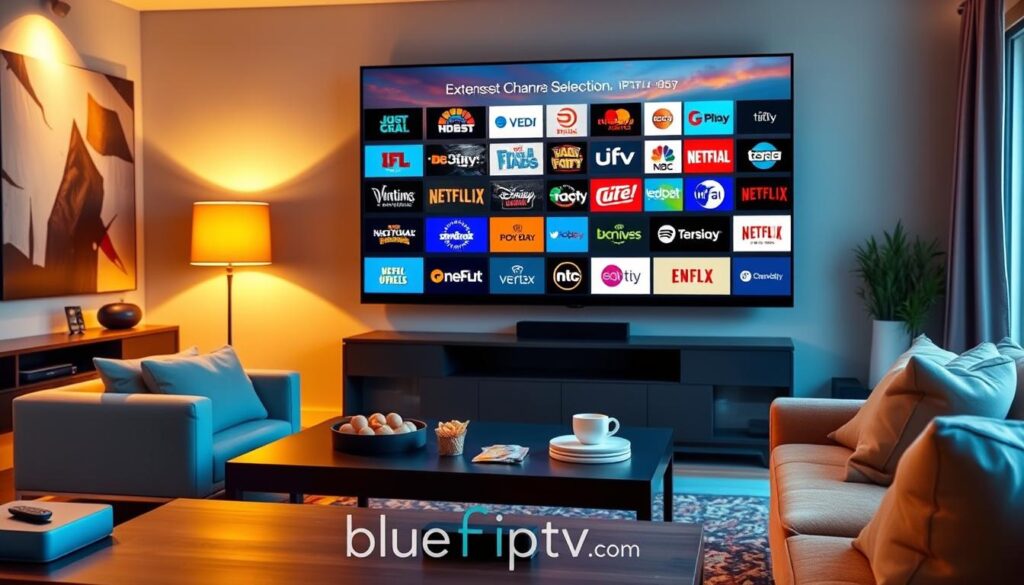 A modern living room featuring a sleek television displaying a variety of vibrant IPTV channel logos representing diverse genres, emphasizing extensive channel selection. In the foreground, a stylish coffee table with a remote and snacks, creating a cozy viewing atmosphere. The middle ground showcases a comfortable sofa with plush cushions, inviting viewers to relax. The background includes tasteful decor, such as abstract art on the walls and warm lighting from floor lamps, enhancing the inviting ambiance. A window reveals a sunset sky, casting a soft, golden glow throughout the room. The image captures the essence of streaming convenience and the excitement of on-demand content. Include the brand name "bluefireiptv.com" subtly integrated into the scene.