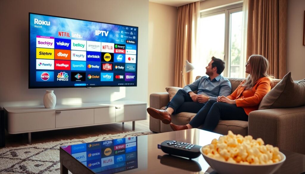 A modern living room featuring a stylish Roku TV displaying a vibrant collage of IPTV service logos, specifically highlighting "bluefireiptv.com." In the foreground, a sleek coffee table with a remote control and a bowl of popcorn. The middle ground showcases a comfortable sofa, where two individuals in smart casual attire, a man and a woman, sit relaxed and engaged in streaming their favorite channels. In the background, a large window allows warm sunlight to flood the room, creating a cozy atmosphere. The lighting is soft and inviting, emphasizing the family's enjoyment of their streaming experience. Capture the scene from a slightly elevated angle, providing a clear view of the TV and the engaged viewers, while maintaining a homey vibe.