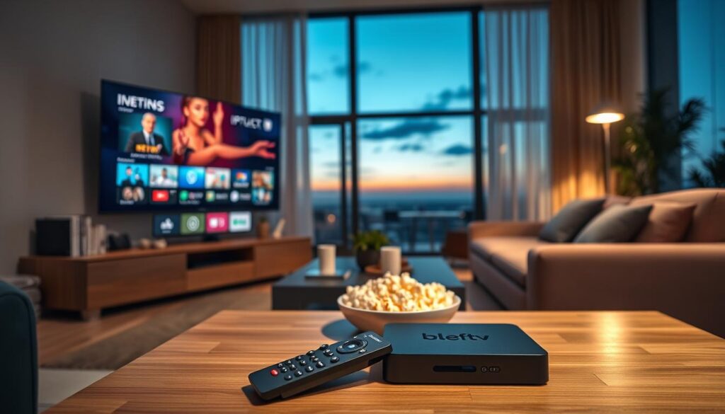 A modern living room featuring an Android TV box prominently displaying a vibrant IPTV app interface on a large flat-screen TV. In the foreground, a sleek remote control rests on a stylish coffee table, accompanied by a bowl of popcorn, suggesting a cozy movie night. The middle ground showcases a well-furnished space with tasteful decor, including soft cushions and warm lighting that creates an inviting atmosphere. In the background, a window reveals a serene evening scene, with soft dusk light filtering in. Natural lighting casts gentle shadows, enhancing the mood of relaxation and entertainment. The colors are rich and inviting, reflecting the enhanced streaming experience. Include the brand name "bluefireiptv.com" subtly incorporated into the TV interface design, without any text overlays or watermarks.