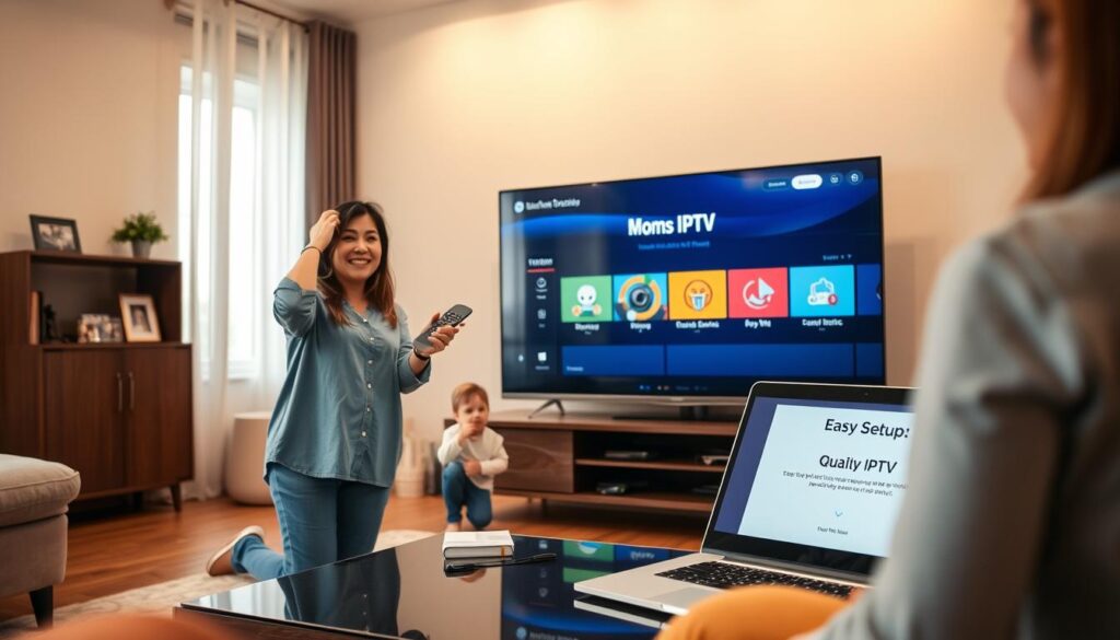 A modern living room scene depicting a family preparing to set up their IPTV service with a focus on "Moms IPTV" from bluefireiptv.com. In the foreground, a cheerful mother in modest casual clothing is holding a remote control, demonstrating the activation process on a large, sleek TV displaying the IPTV interface. In the middle ground, a child curiously watches, while a laptop is open on the coffee table showing the easy setup steps. The background features a cozy atmosphere with warm lighting, soft-colored walls, and family photos, evoking a sense of comfort and excitement about quality TV streaming. The angle captures both the family engagement and the technology aspect of the IPTV service, conveying a mood of simplicity and joy. A modern living room scene depicting a family preparing to set up their IPTV service with a focus on "Moms IPTV" from bluefireiptv.com. In the foreground, a cheerful mother in modest casual clothing is holding a remote control, demonstrating the activation process on a large, sleek TV displaying the IPTV interface. In the middle ground, a child curiously watches, while a laptop is open on the coffee table showing the easy setup steps. The background features a cozy atmosphere with warm lighting, soft-colored walls, and family photos, evoking a sense of comfort and excitement about quality TV streaming. The angle captures both the family engagement and the technology aspect of the IPTV service, conveying a mood of simplicity and joy.