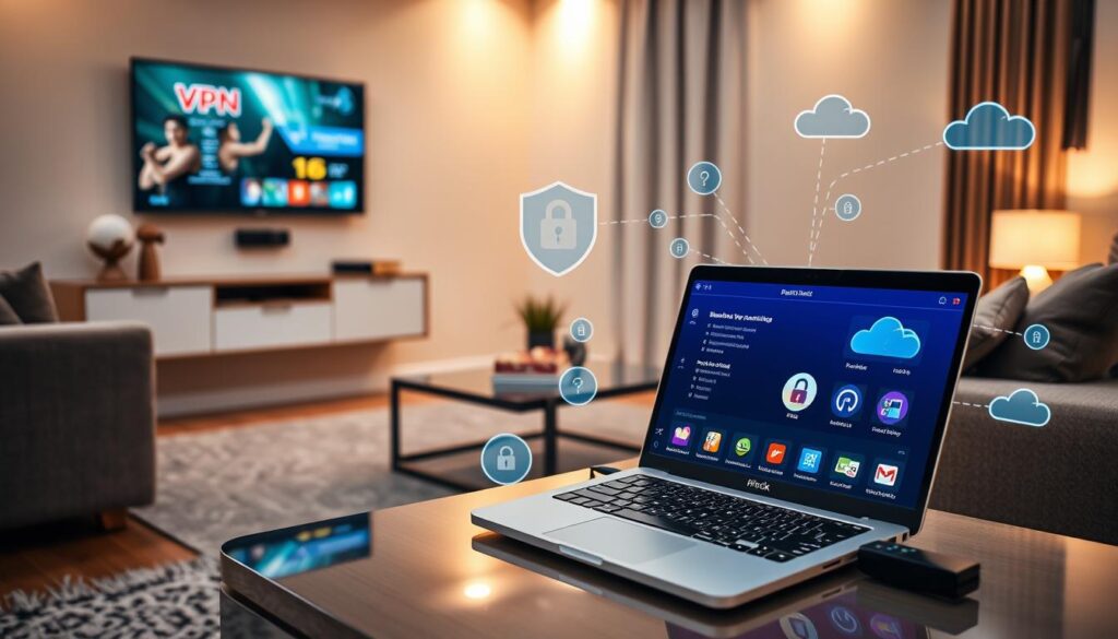 A modern living room scene, featuring a cozy sofa, a sleek TV mounted on the wall displaying an IPTV interface, and a Fire Stick device plugged into it. In the foreground, a laptop is open, showing VPN software in use, with digital security icons like a padlock and shield subtly integrated. The middle layer includes a decorative coffee table with remote controls and snacks, creating a relaxed atmosphere. In the background, warm lighting illuminates the room, enhancing the inviting mood. The style is realistic and professional, with a clear focus on the security aspect of IPTV streaming. Include elements of digital privacy, such as abstract data streams or cloud icons. Ensure a clean and modern aesthetic, and subtly incorporate the brand "bluefireiptv.com" into the design without dominating the scene.