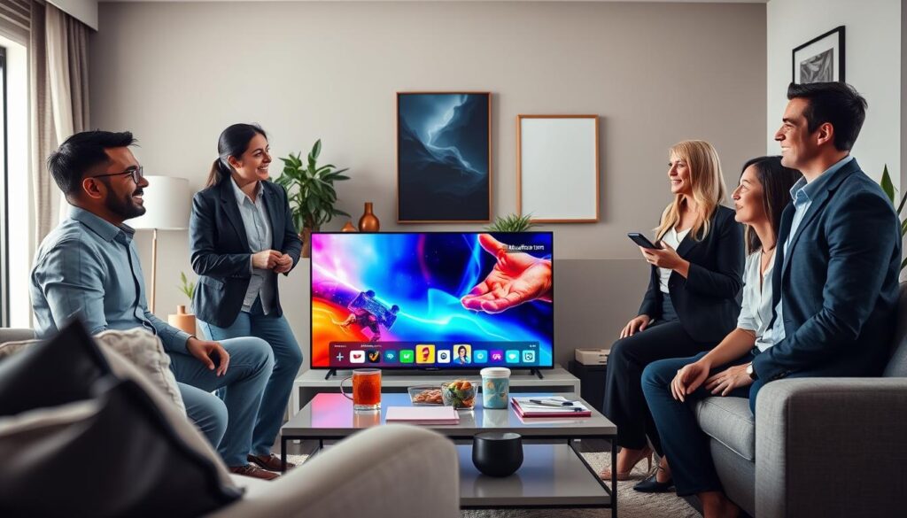 A modern living room scene featuring a diverse group of four individuals, two men and two women, attentively discussing their experiences with Pulse 4K IPTV. The participants are dressed in smart casual attire, showcasing a professional atmosphere. In the foreground, a sleek TV displaying vibrant streaming content reflects the high-definition quality of Pulse 4K IPTV. The middle ground includes a stylish coffee table with notebooks, snacks, and drinks, suggesting an informal meeting vibe. The background features a window with natural light pouring in, creating a warm and inviting atmosphere. The room is well-decorated with contemporary art and plants. Capture the engagement and satisfaction on their faces as they share feedback, implying a strong sense of community and enjoyment of the service. Include subtle branding elements related to bluefireiptv.com in the decor to emphasize the context.