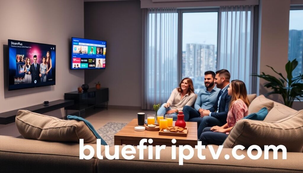 A modern living room scene highlighting the IPTV Stream Plus streaming experience. In the foreground, a stylish, comfortable couch with a few plush throw pillows. A sleek TV mounted on the wall displays a colorful interface of the IPTV Stream Plus platform, showcasing various entertainment options. A family of three, dressed in casual yet smart attire, sits together, enjoying the shared streaming experience, their expressions conveying happiness and engagement. In the middle ground, a coffee table is adorned with snacks and drinks, adding to the cozy atmosphere. The background features soft, ambient lighting, creating a warm and inviting mood. Large windows let in soft, natural light, enhancing the relaxing environment. The brand "bluefireiptv.com" is integrated artistically in the decor elements without text overlays.