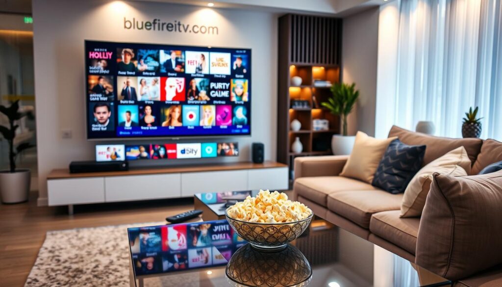 A modern living room scene showcasing a high-end IPTV Gold streaming experience. In the foreground, a sleek, smart television displays a vibrant, visually stunning interface featuring dynamic thumbnails of popular shows and movies without any text overlays. A comfortable, stylish sectional couch adorned with plush cushions is positioned in a cozy arrangement. In the middle ground, a polished coffee table holds a remote control alongside a bowl of popcorn, emphasizing the comfort of home viewing. In the background, soft, ambient lighting enhances the warm atmosphere, highlighting contemporary decor elements like a minimalist bookshelf and potted plants. The scene conveys a sense of relaxation and excitement, reflecting the quality and value of IPTV streaming. Include a subtle logo of "bluefireiptv.com" elegantly integrated into the room’s aesthetic, ensuring it blends seamlessly without overpowering the scene.