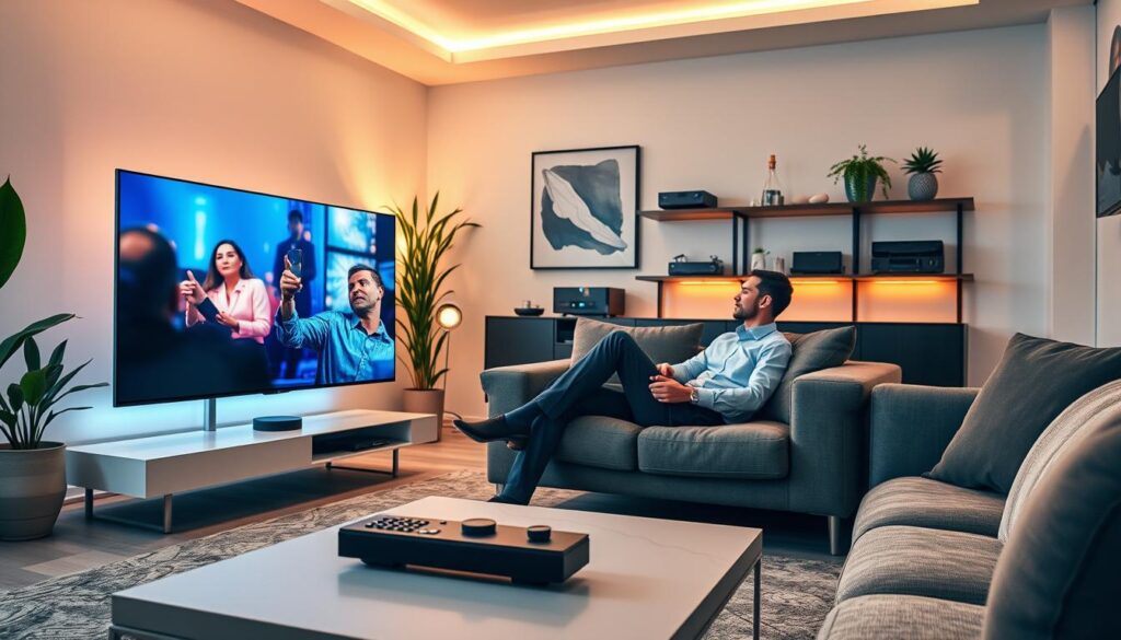 A modern living room scene showcasing a professional IPTV streaming experience. In the foreground, a sleek, large flat-screen TV displays vibrant content, with a stylish remote control on a minimalistic coffee table. In the middle, a person in professional attire is comfortably seated on a plush sofa, fully engaged with the streaming service. Soft, warm lighting creates a cozy ambiance, illuminating the room's contemporary decor featuring plants and abstract artwork. In the background, a shelf displays multimedia devices, hinting at advanced tech integration. The atmosphere feels relaxed yet sophisticated, highlighting the joy of quality entertainment. Incorporate the brand name "bluefireiptv.com" subtly in an element of the room, enhancing the professional streaming experience.