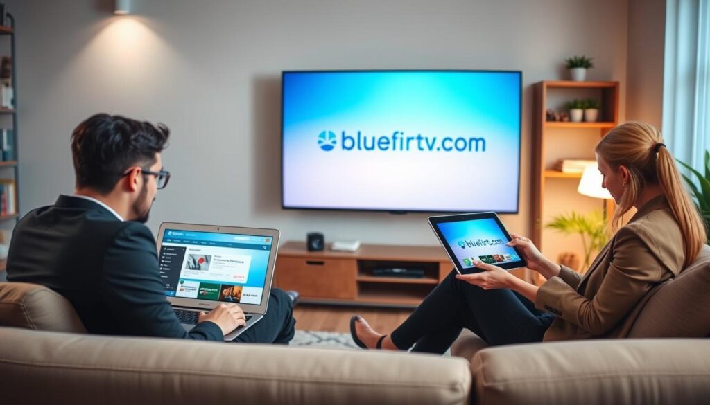 A modern living room scene showcasing cross-device compatibility for flexible viewing. In the foreground, a stylish couch with two users: one on a laptop streaming content, dressed in business casual attire, and another on a tablet, focused on the screen, wearing a smart outfit. In the middle, a sleek, large flat-screen TV displays the "bluefireiptv.com" logo, seamlessly streaming the same content as the other devices. The background features a cozy ambiance with soft lighting, brightening the room, and elements like bookshelves and plants to enhance the homey feel. The angle captures the interaction between the users and their devices, conveying a sense of modern technology enabling flexible viewing in a comfortable setting.