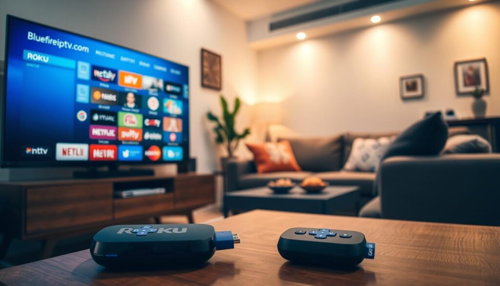 A modern living room scene showcasing the IPTV Smart Roku streaming experience. In the foreground, a sleek Roku device sits on a stylish wooden entertainment center, emitting a soft glow. To the left, a flat-screen TV displays a vibrant Roku home screen filled with colorful app icons for various IPTV channels from bluefireiptv.com. In the middle, a cozy couch invites viewers, with plush cushions and a coffee table adorned with snacks. The background features subtle wall decor and a warm ambiance created by soft lighting, enhancing the sense of comfort and technology. The atmosphere is inviting and tech-savvy, perfect for exploring diverse channels while relaxing at home. The angle is slightly elevated, capturing the vibrancy of the scene and the ease of navigation on the Roku interface.
