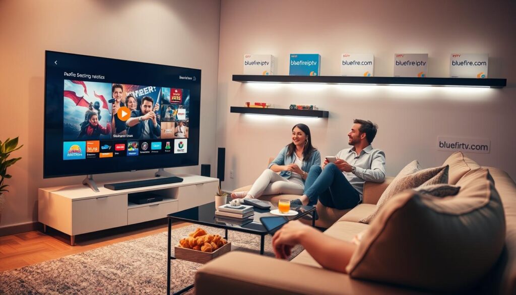 A modern living room scene showcasing the benefits of paid IPTV services. In the foreground, a sleek, stylish flat-screen TV displaying vibrant content. A cozy sofa with a couple of people in professional casual attire, looking engaged and relaxed, enjoying their streaming experience. In the middle ground, a coffee table with a remote control, snacks, and a few tech gadgets like a tablet and smartphone reflecting streaming apps. The background features softly lit shelves with boxes of popular IPTV service logos, including "bluefireiptv.com." Soft, warm lighting creates an inviting atmosphere, enhancing the feeling of comfort and enjoyment while highlighting the advantages of premium streaming services. The angle is slightly elevated, giving a clear view of the screen and the engaged viewers, evoking a sense of modern convenience and satisfaction.