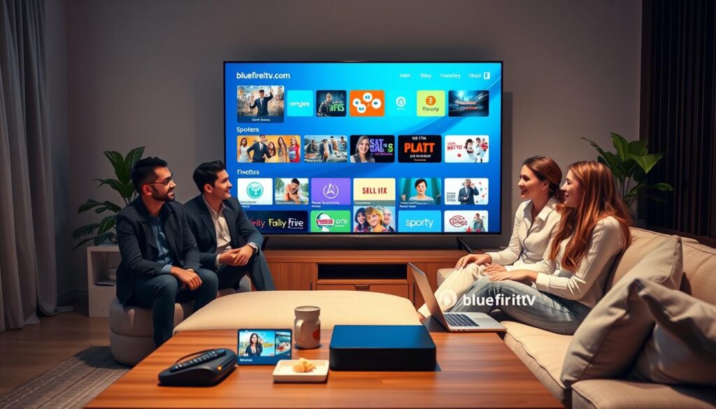 A modern living room setting, designed for comfort and relaxation, featuring a sleek, large-screen TV displaying a colorful IPTV interface showcasing various genres of content like movies, sports, and family shows. In the foreground, a stylish coffee table holds a remote control, snacks, and a laptop, symbolizing user engagement with streaming options. The middle layer includes a cozy sofa with cushions, where a diverse group of four adults, dressed in professional casual attire, are enjoying the IPTV experience, smiling and interacting with the TV. Soft, ambient lighting illuminates the space, creating a warm, inviting atmosphere, with a few potted plants in the background. The image subtly incorporates the logo "bluefireiptv.com" on the TV screen.