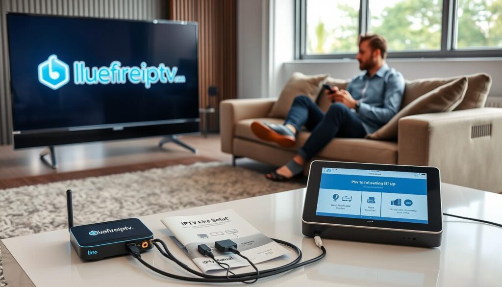 A modern living room setting designed for seamless IPTV setup and activation. In the foreground, a sleek, black smart TV displays the "bluefireiptv.com" logo on its screen, glowing softly. A user, dressed in casual yet professional attire, is seated comfortably on a stylish sofa, interacting with a remote control. Beside them, a set-top box is connected to the TV, with clear cables indicating a straightforward installation. The middle ground features a coffee table adorned with a tablet showing a downloadable app for IPTV setup and a user manual. In the background, large windows allow natural light to flood the room, creating an inviting atmosphere. The overall mood is relaxed and user-friendly, emphasizing ease of installation.