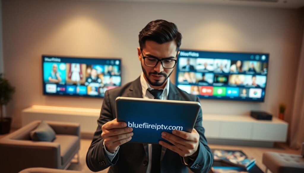 A modern living room setting, elegantly furnished with a large flat-screen TV displaying sleek IPTV app interfaces, showcasing vibrant channels. In the foreground, a professional-looking individual in smart casual attire examines a tablet, comparing IPTV provider subscriptions. The middle ground features stylish furniture, like a plush sofa and a coffee table with a few tech magazines. In the background, soft ambient lighting creates a warm atmosphere, highlighting the room's contemporary decor. The brand name "bluefireiptv.com" is subtly integrated into the tablet's screen display. The angle captures both the individual and the tech, emphasizing the theme of modern entertainment solutions. The mood is informative yet inviting, perfect for engaging viewers interested in IPTV options for 2026.