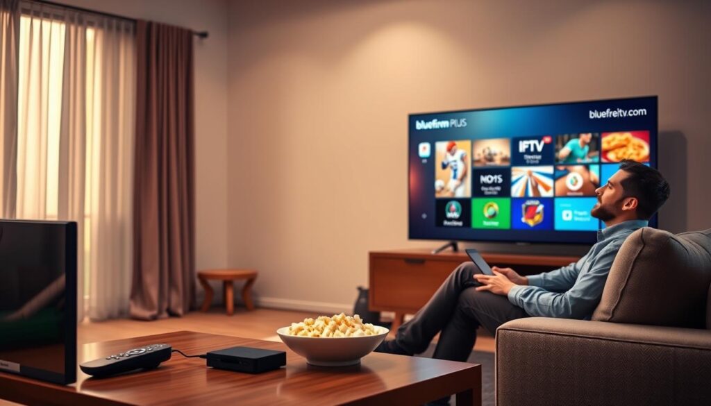 A modern living room setting featuring a sleek TV displaying IPTV Stream Plus interface, emphasizing the features that enhance streaming experiences. In the foreground, a stylish coffee table with a remote control, streaming device, and a bowl of popcorn. The middle ground includes a cozy couch with a person in business casual attire, leaning forward, engaged in watching the screen with a look of excitement. The background is softly lit, with warm tones, creating a relaxed atmosphere, and a subtle hint of a window with curtains slightly drawn, allowing natural light to filter in. Include the brand "bluefireiptv.com" displayed subtly on the screen. The overall mood is inviting and focused on enjoying high-quality streaming content.