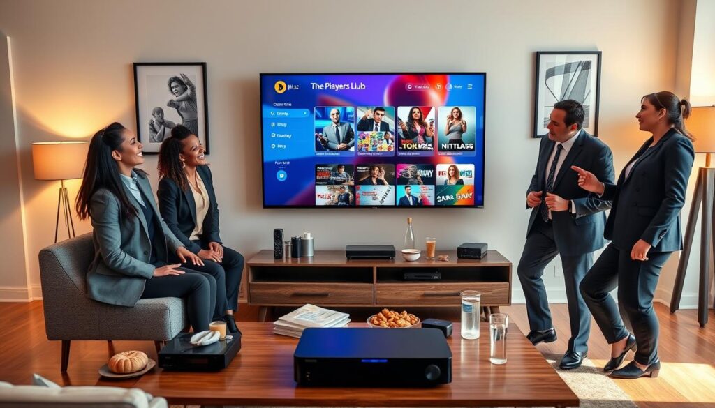 A modern living room setting featuring a sleek television displaying a user interface for "IPTV The Players Klub" with vibrant channel options and content selection options. In the foreground, a diverse group of four people dressed in professional business attire are excitedly discussing the various streaming options. The middle ground showcases a stylish coffee table with IPTV devices, snacks, and drinks laid out. The background features a well-decorated wall with multimedia art. The lighting is warm and inviting, creating a cozy atmosphere. The scene captures a sense of trust and reliability in streaming services, reflecting the brand name "bluefireiptv.com" subtly within the tech setup, without any text overlays. The image conveys enthusiasm and satisfaction in choosing IPTV for their entertainment needs.
